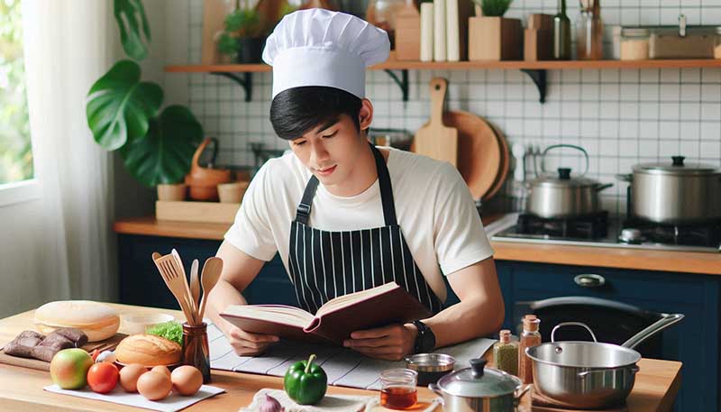 een kookboek lezen in de keuken